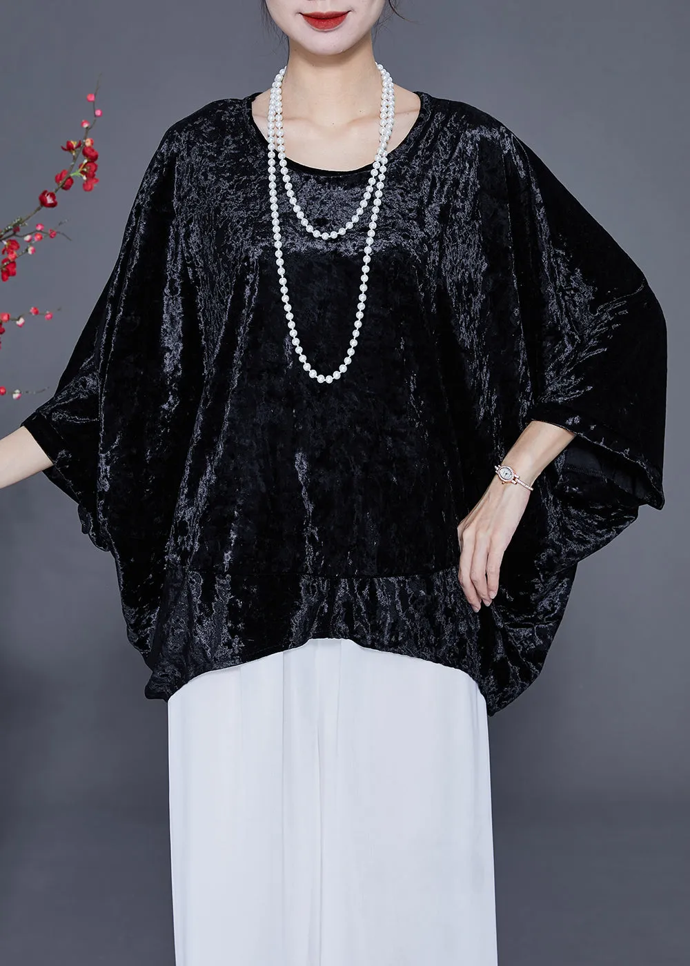 French Black O-Neck Oversized Silk Velour Shirt Tops Batwing Sleeve LY2358
