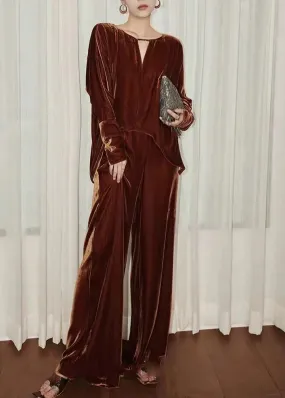 French Coffee Tops And Pants Velour Two Pieces Set Fall ML0917