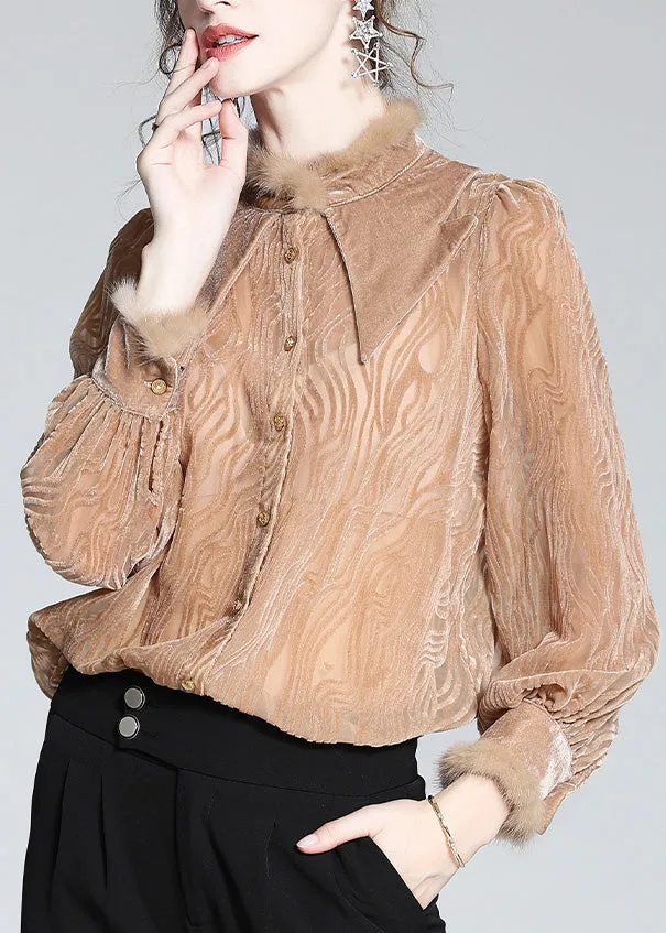French Khaki Peter Pan Collar Striped Button Silk Velour Shirt Long Sleeve AC3011