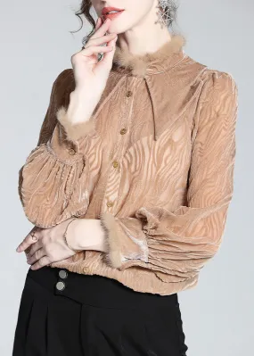 French Khaki Peter Pan Collar Striped Button Silk Velour Shirt Long Sleeve AC3011