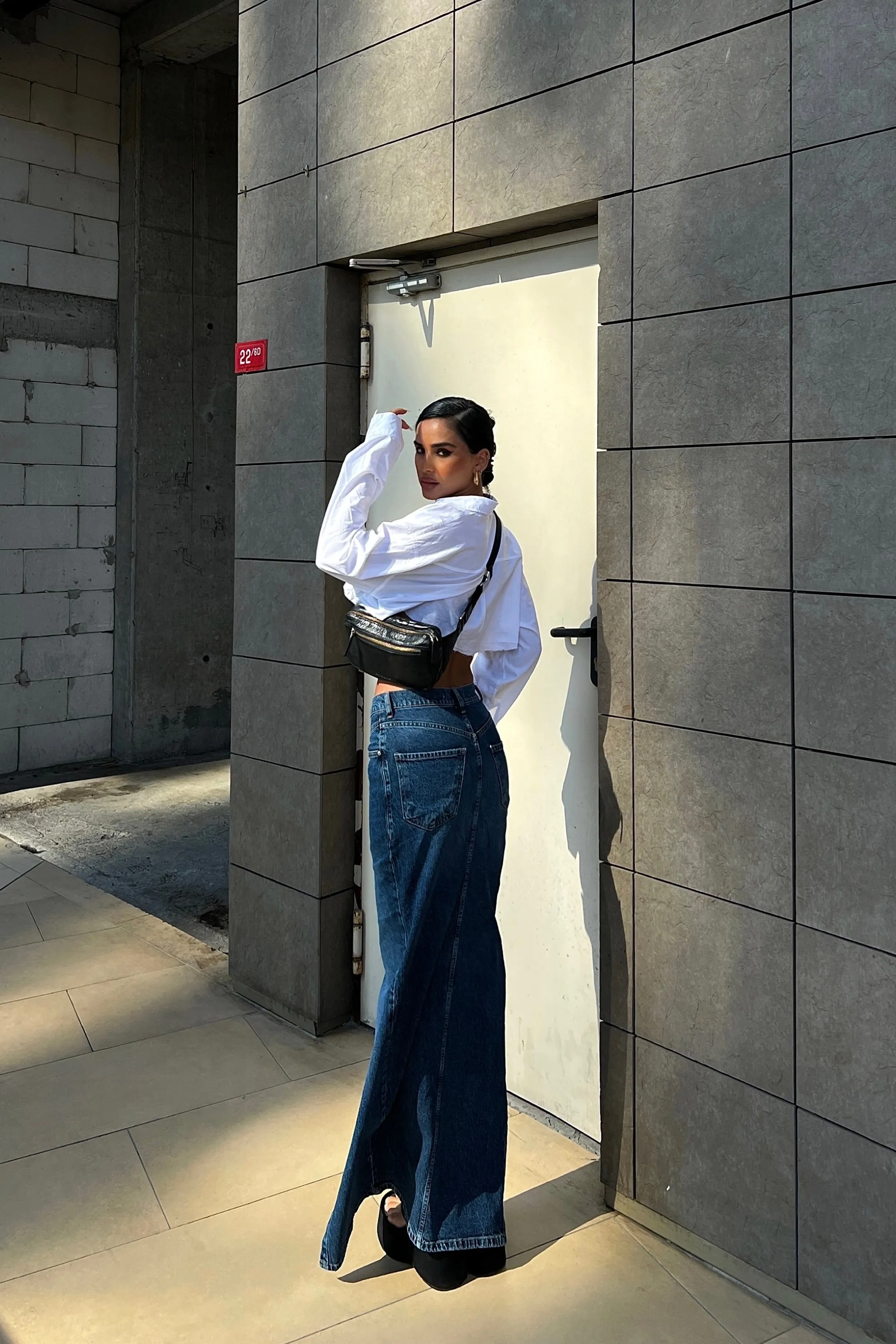 Front Split V Stitch Design Denim Skirt