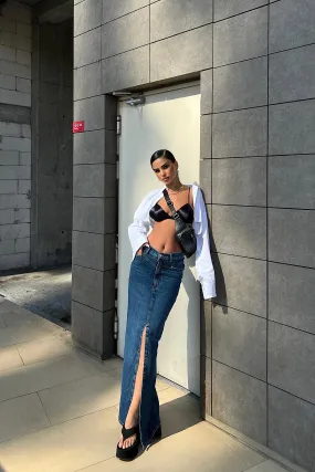 Front Split V Stitch Design Denim Skirt