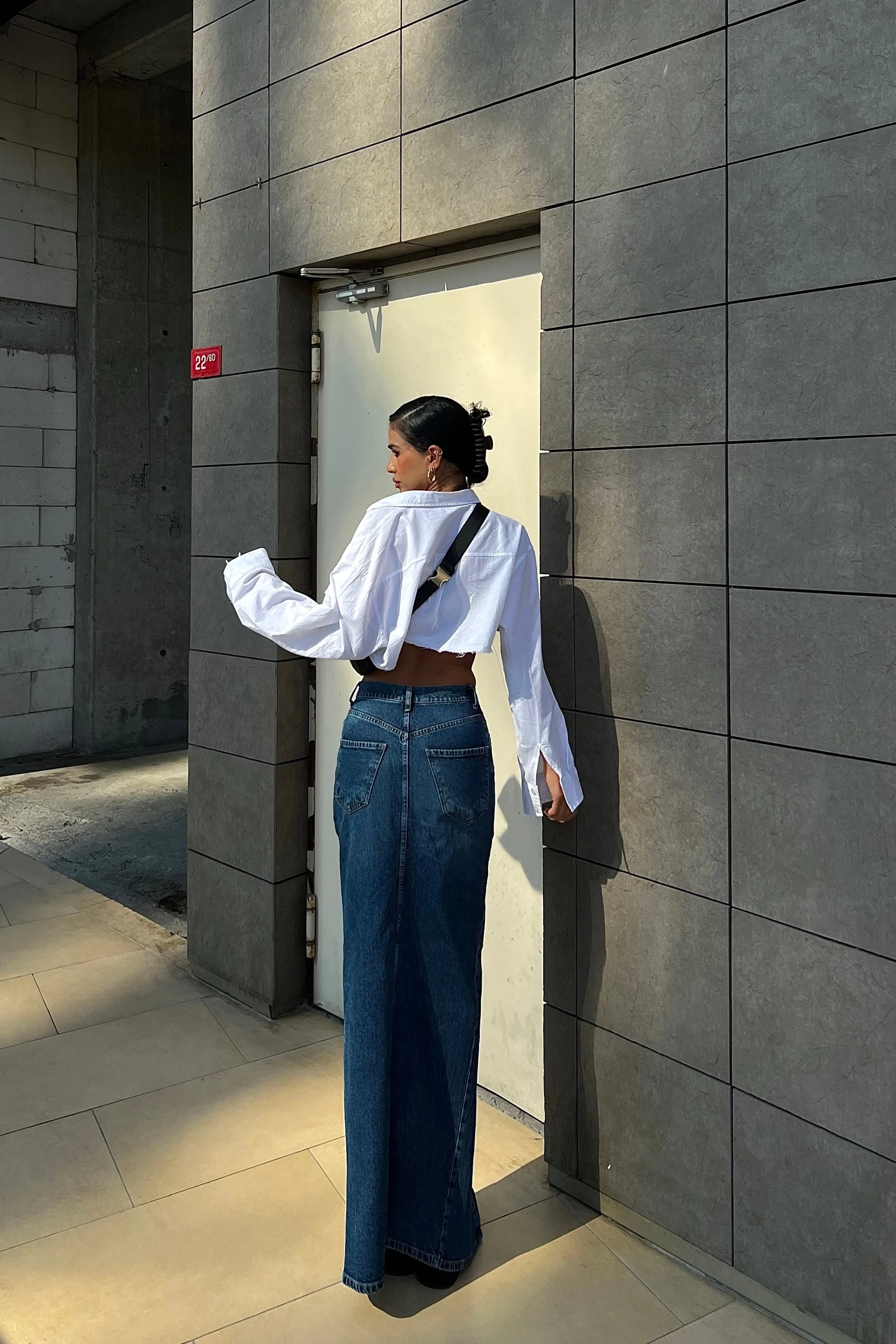Front Split V Stitch Design Denim Skirt