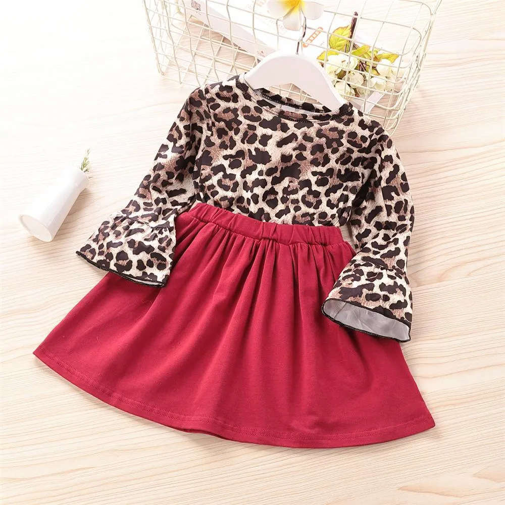 Girls Leopard Long Sleeve Splicing Pleated Dress Girls Wholesale Dresses
