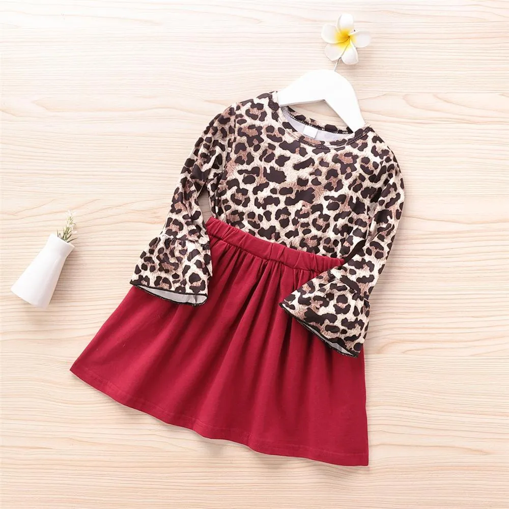 Girls Leopard Long Sleeve Splicing Pleated Dress Girls Wholesale Dresses