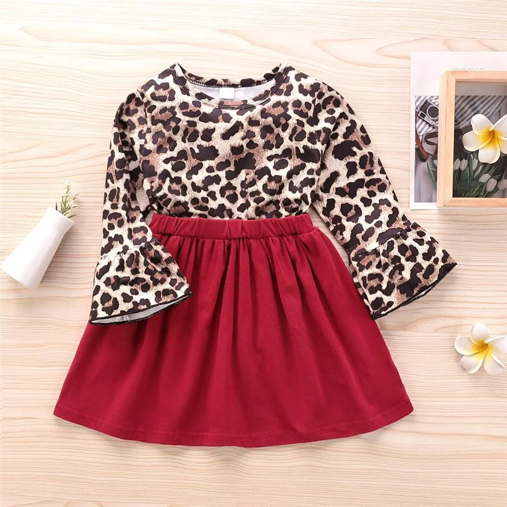 Girls Leopard Long Sleeve Splicing Pleated Dress Girls Wholesale Dresses