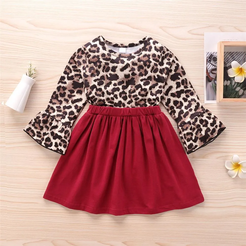 Girls Leopard Long Sleeve Splicing Pleated Dress Girls Wholesale Dresses
