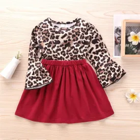 Girls Leopard Long Sleeve Splicing Pleated Dress Girls Wholesale Dresses