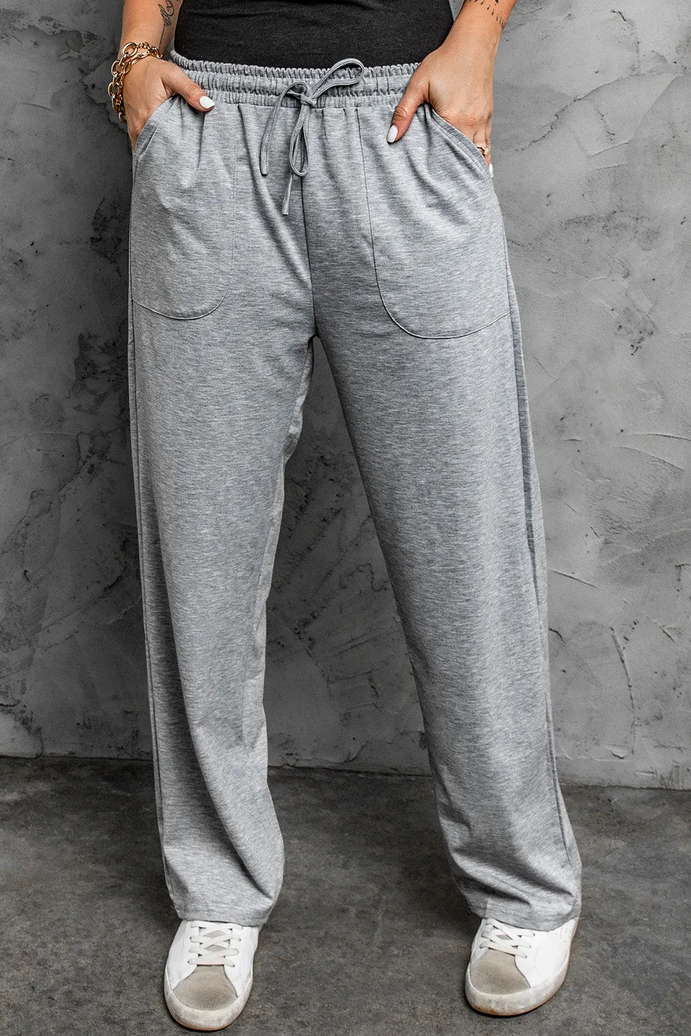 Gray Khaki Loose Drawstring Waist Knit Pants with Pockets