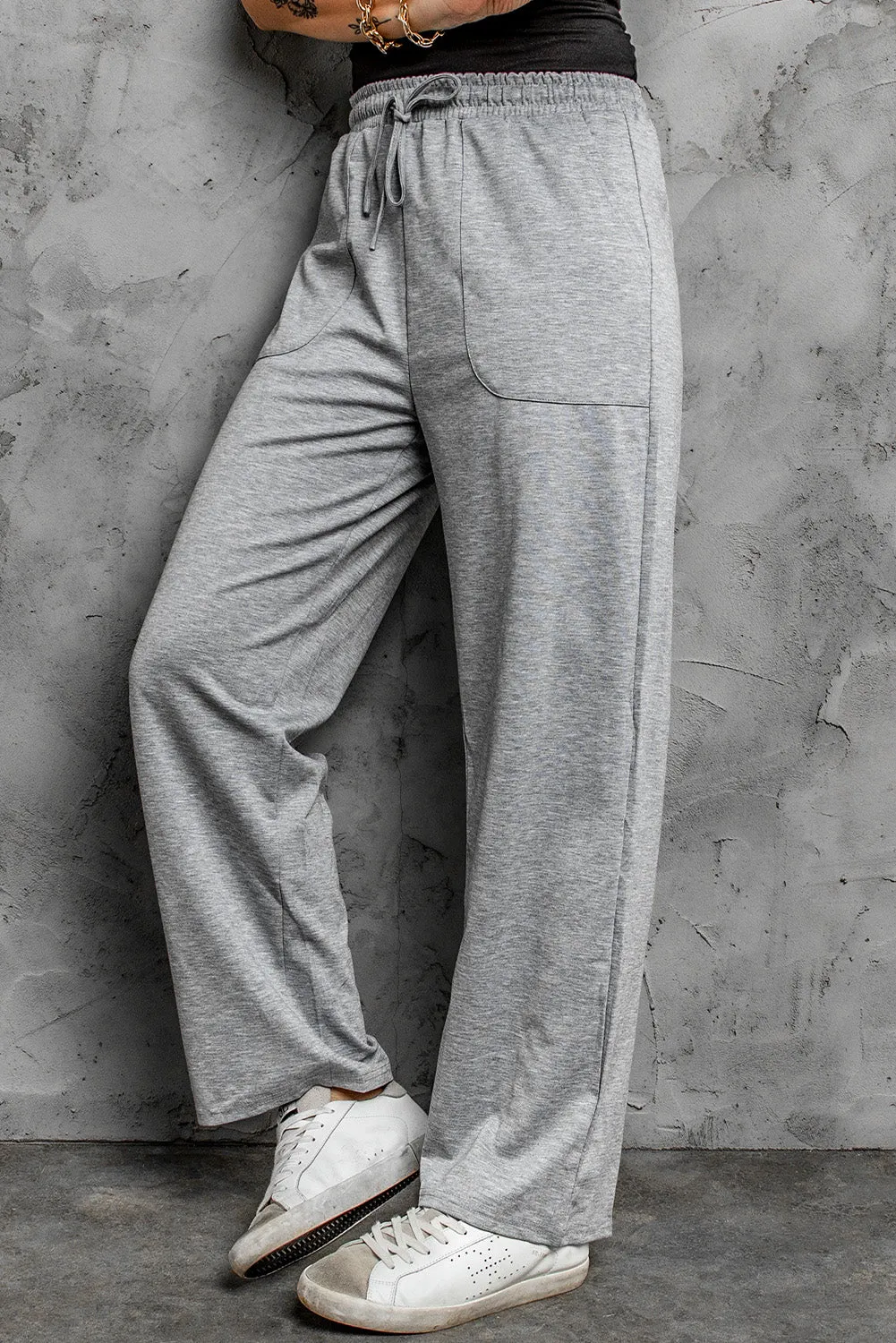 Gray Khaki Loose Drawstring Waist Knit Pants with Pockets