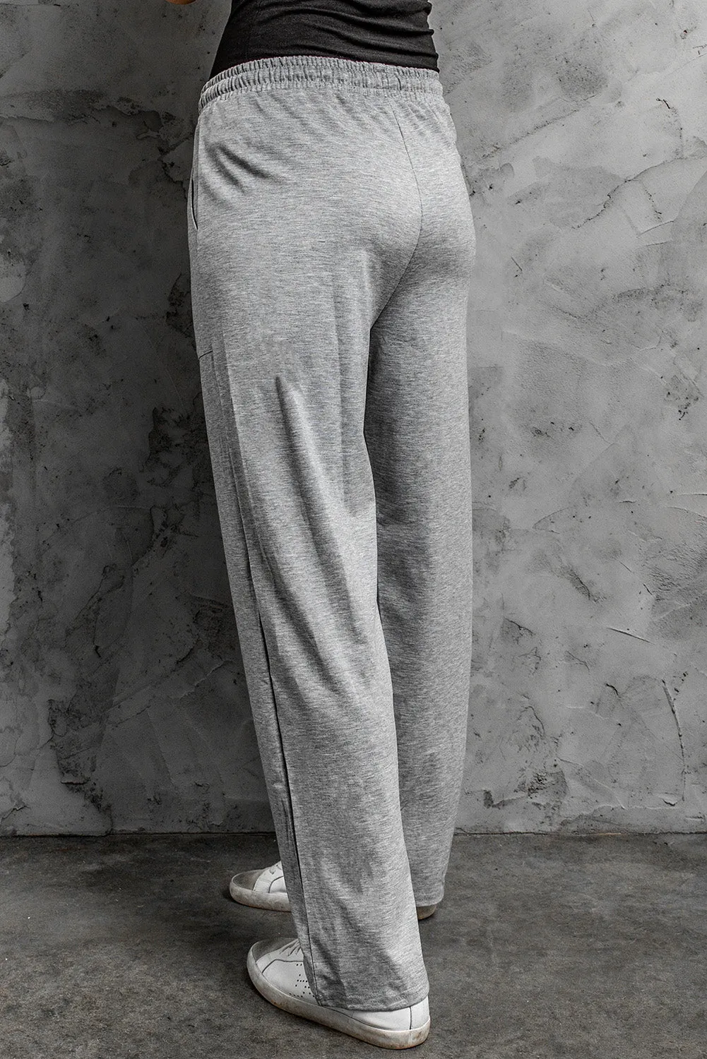 Gray Khaki Loose Drawstring Waist Knit Pants with Pockets