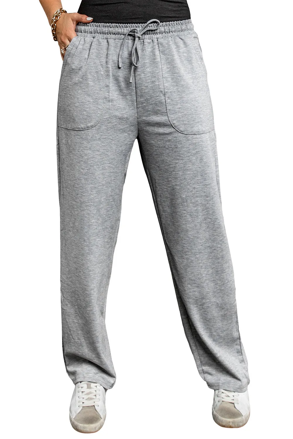 Gray Khaki Loose Drawstring Waist Knit Pants with Pockets