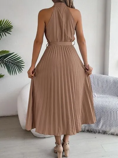 Grecian Neck Tie Waist Pleated Dress