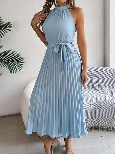 Grecian Neck Tie Waist Pleated Dress