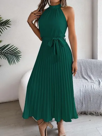 Grecian Neck Tie Waist Pleated Dress