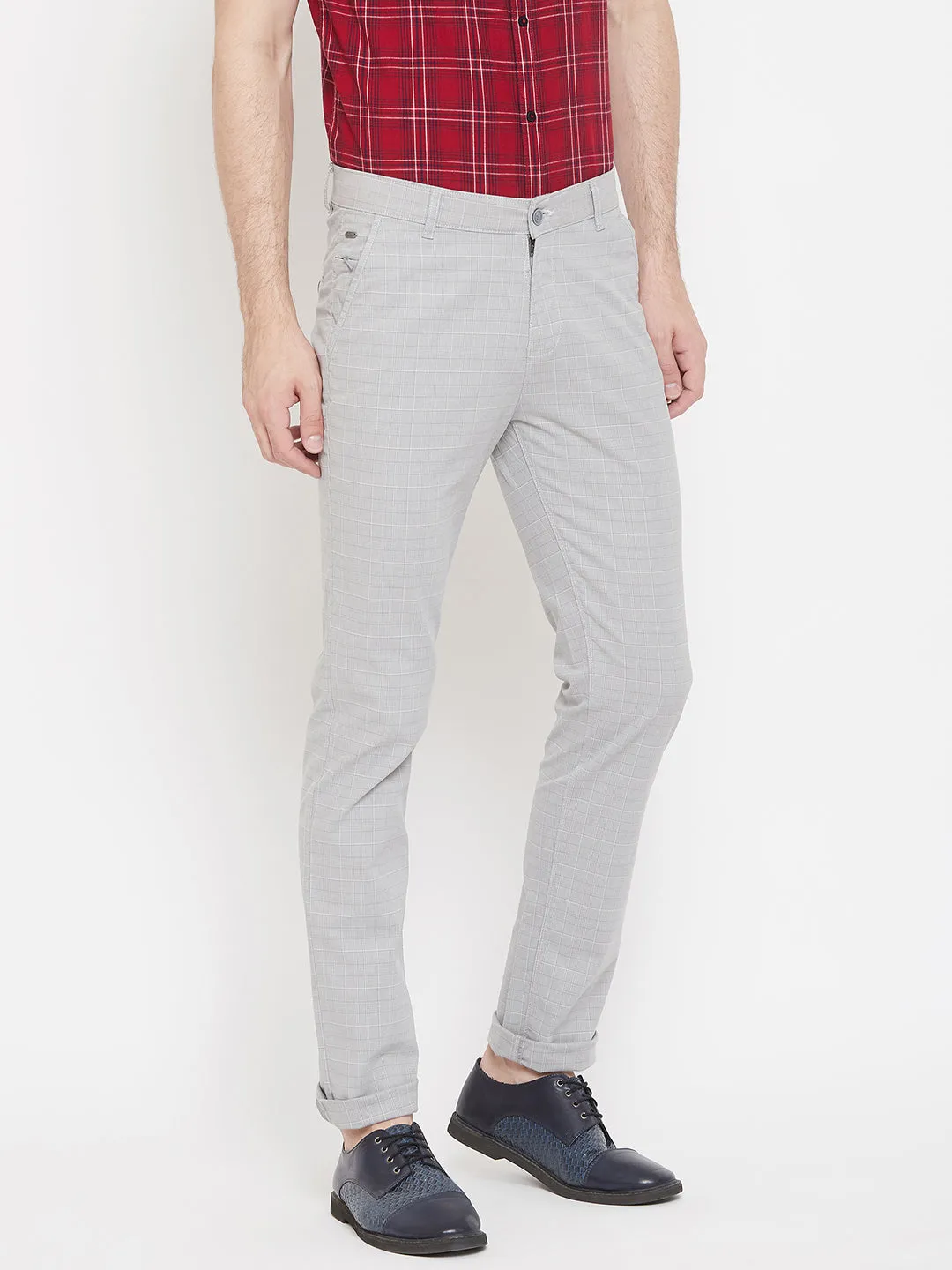 Grey Checked Slim Fit Trousers