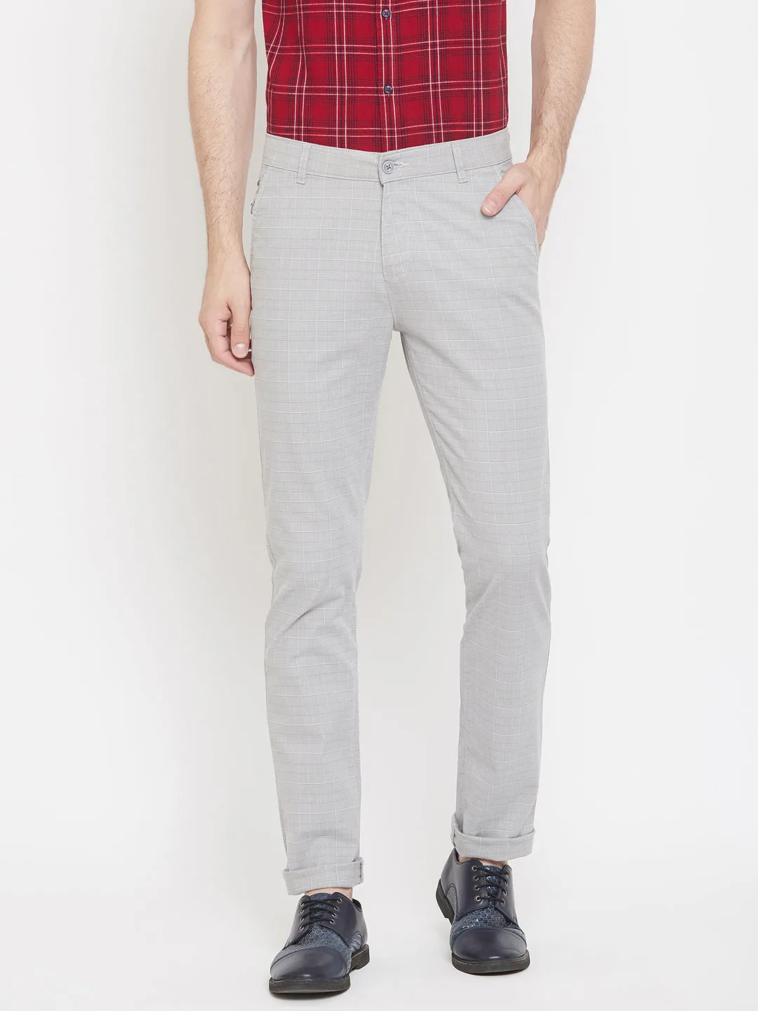 Grey Checked Slim Fit Trousers