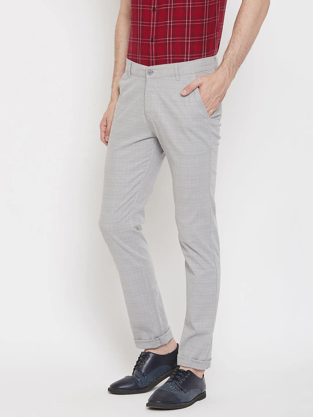 Grey Checked Slim Fit Trousers