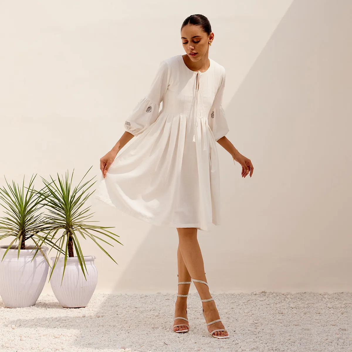 Hemp White Short Dress for Women | Knee Length | Magenta