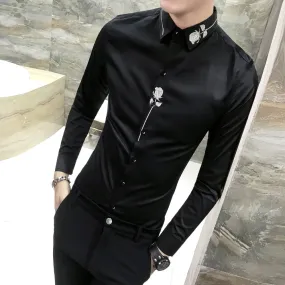 High Quality Shirt Men Brand New Slim Fit Embroidery Mens Casual Shirts Streetwear Long Sleeve Men Shirt Party Tuxedo