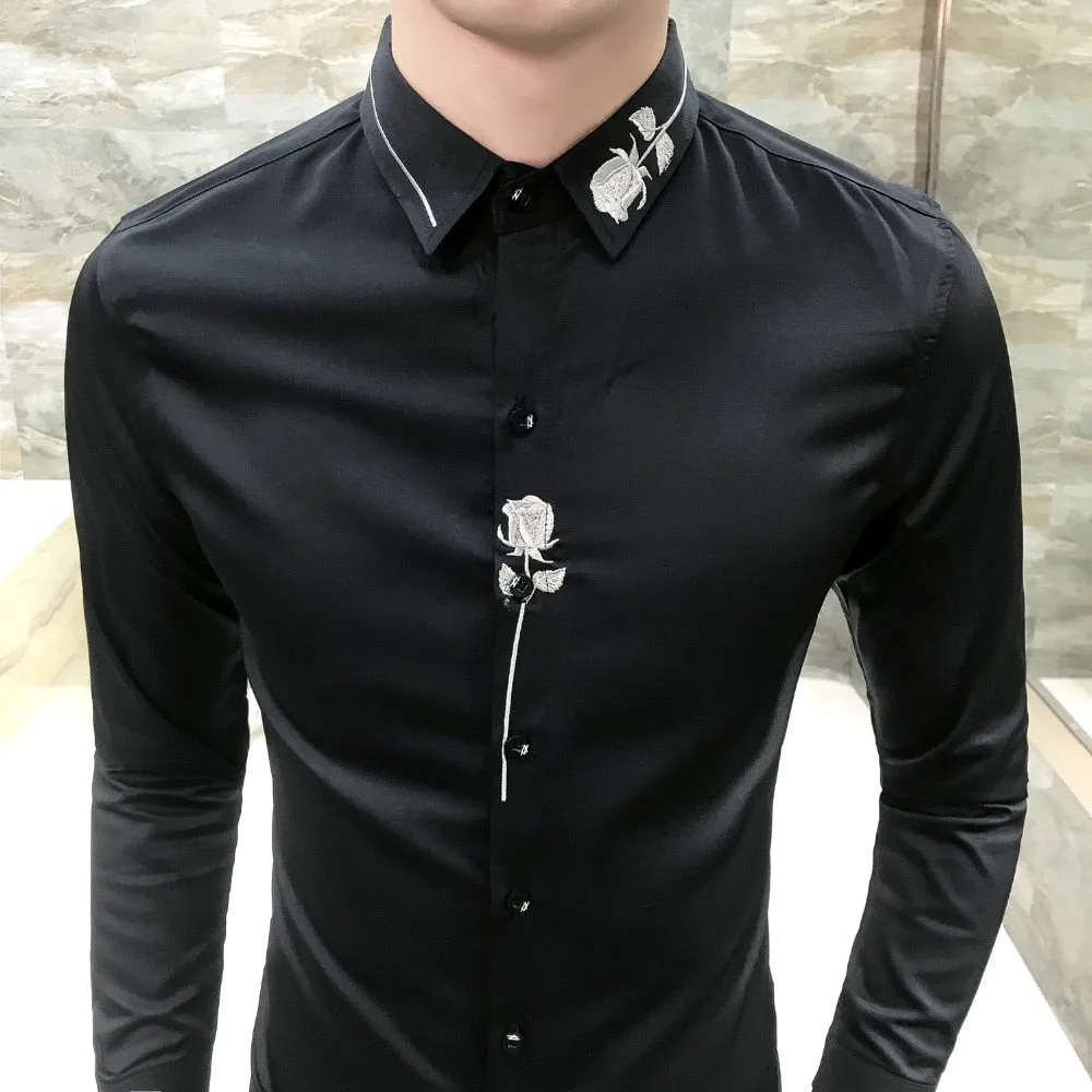 High Quality Shirt Men Brand New Slim Fit Embroidery Mens Casual Shirts Streetwear Long Sleeve Men Shirt Party Tuxedo