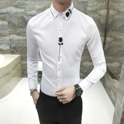 High Quality Shirt Men Brand New Slim Fit Embroidery Mens Casual Shirts Streetwear Long Sleeve Men Shirt Party Tuxedo
