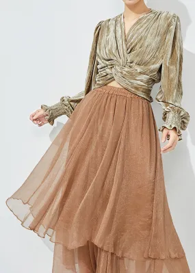 Italian Khaki V Neck Cross Connection Silk Velour Shirt Tops Lantern Sleeve LY0839