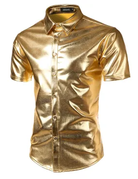 JOGAL Mens Metallic Shiny Nightclub Styles Short Sleeves Button Down Dress Shirts