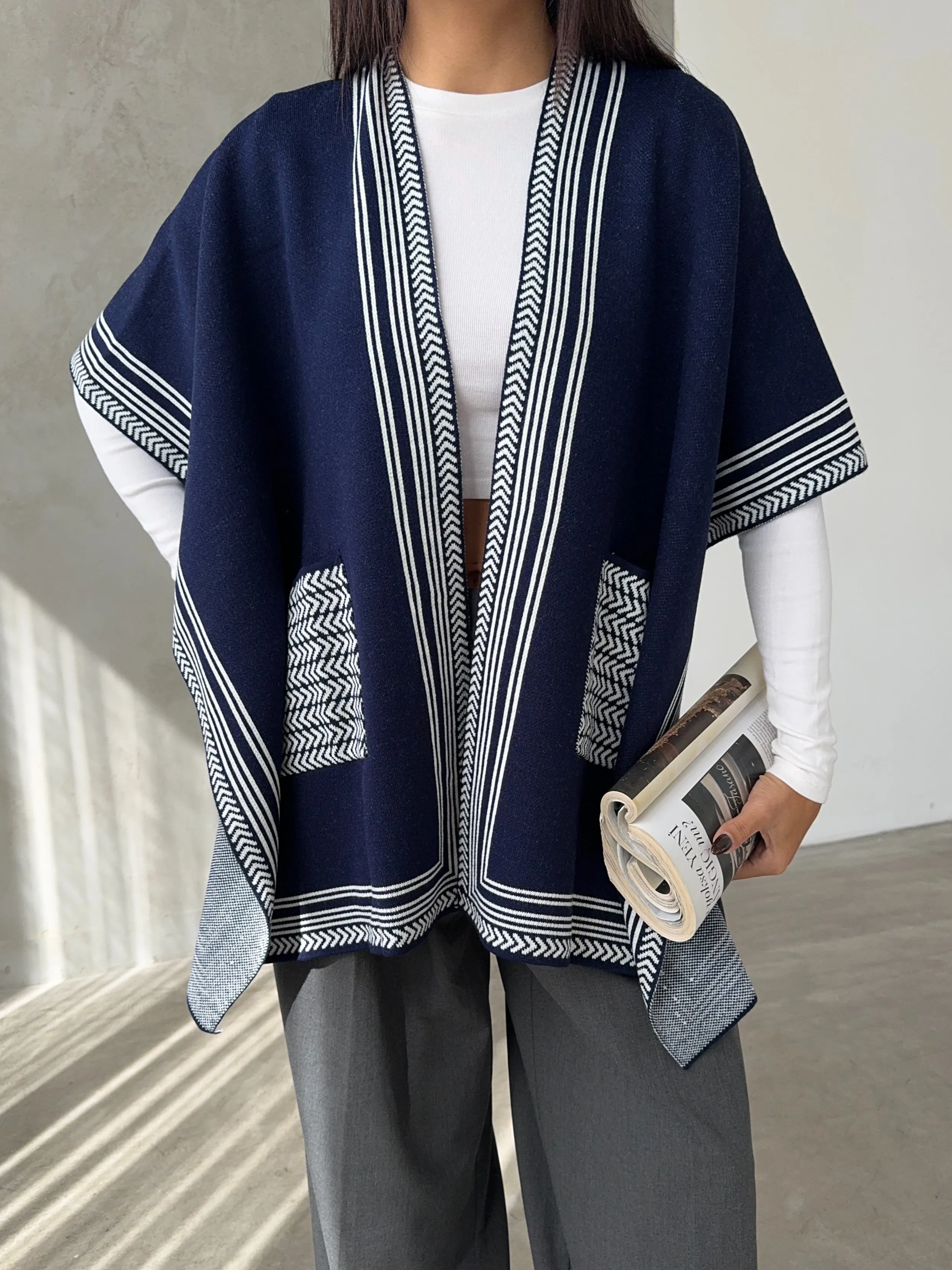 Knitted Cardigan/Poncho with Stripe Edge – Navy