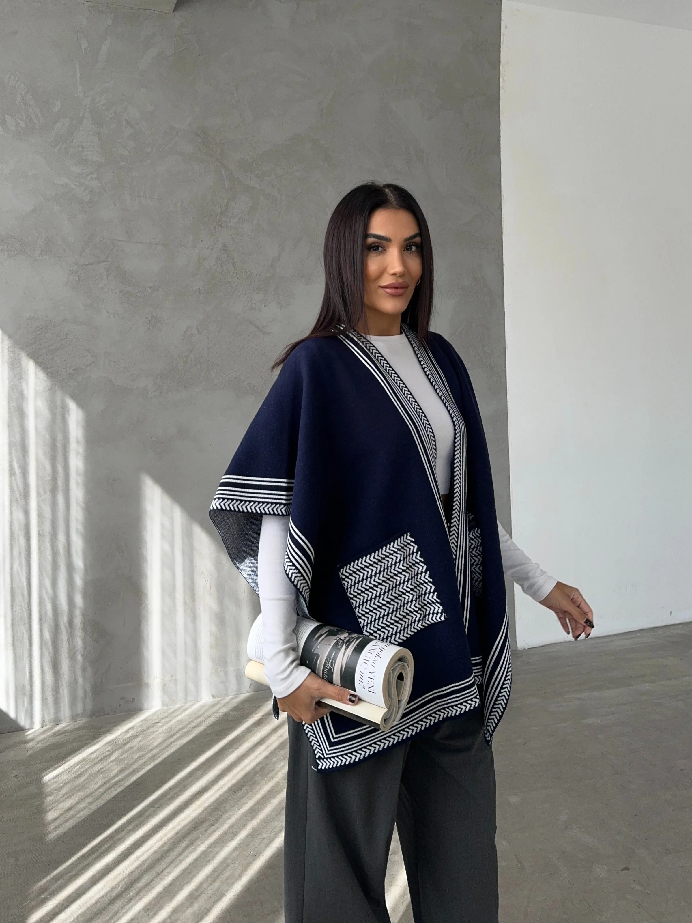 Knitted Cardigan/Poncho with Stripe Edge – Navy