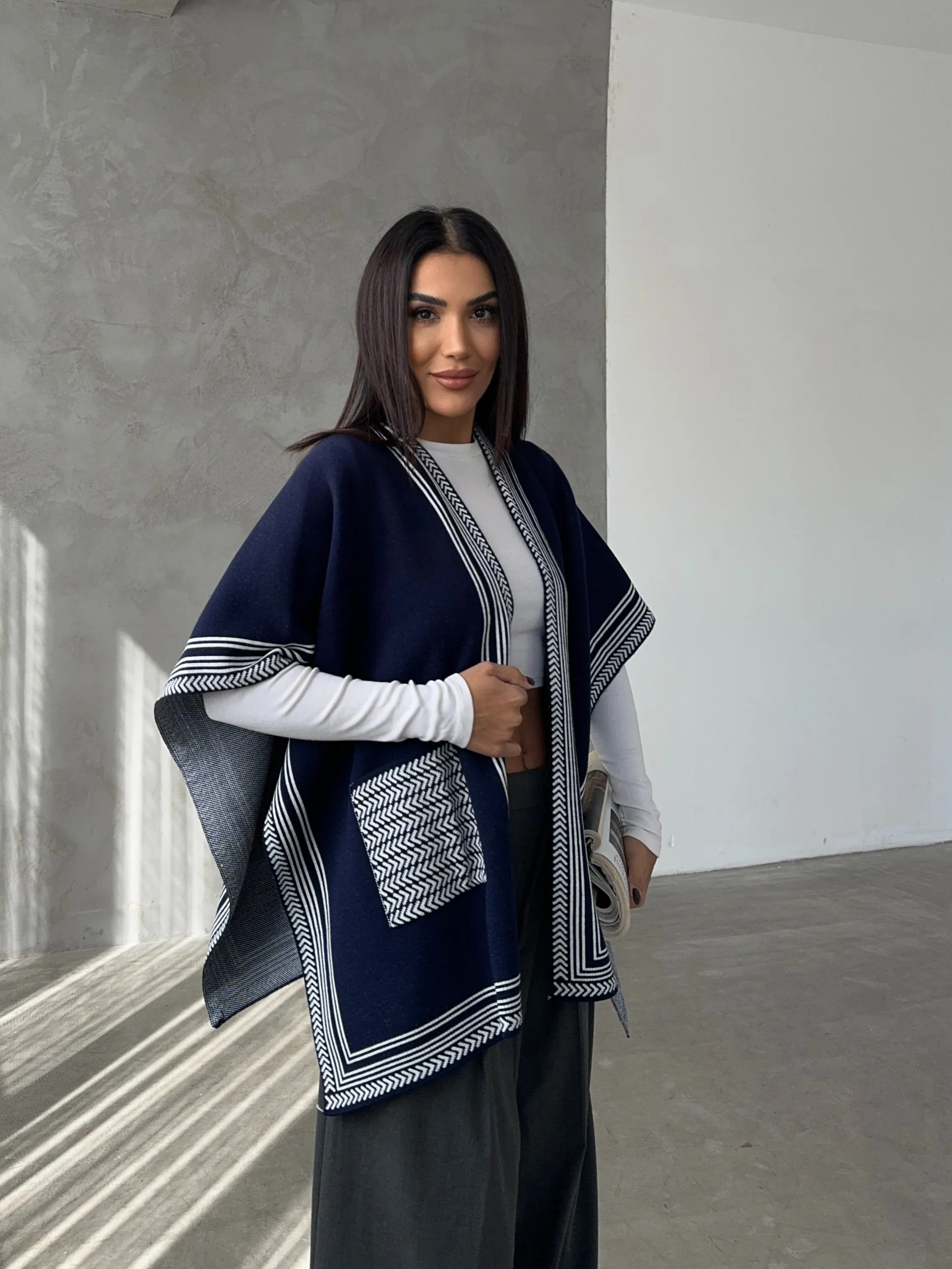 Knitted Cardigan/Poncho with Stripe Edge – Navy