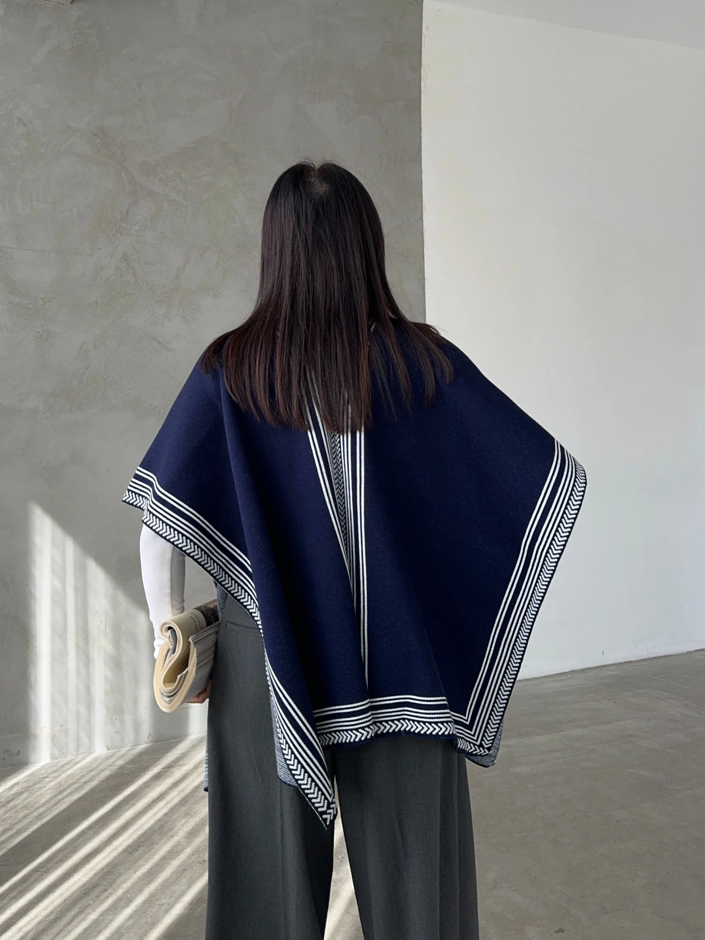 Knitted Cardigan/Poncho with Stripe Edge – Navy