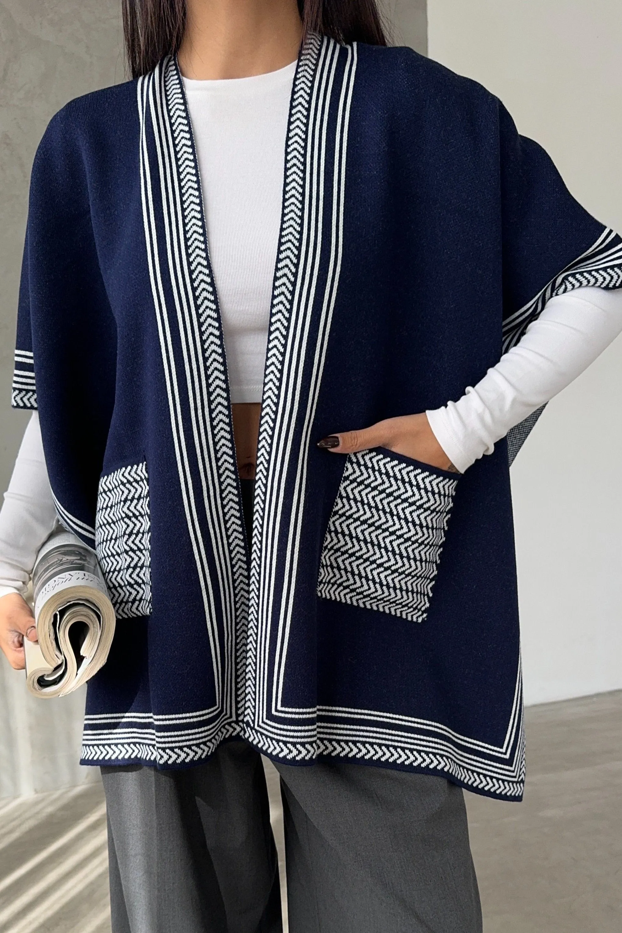 Knitted Cardigan/Poncho with Stripe Edge – Navy