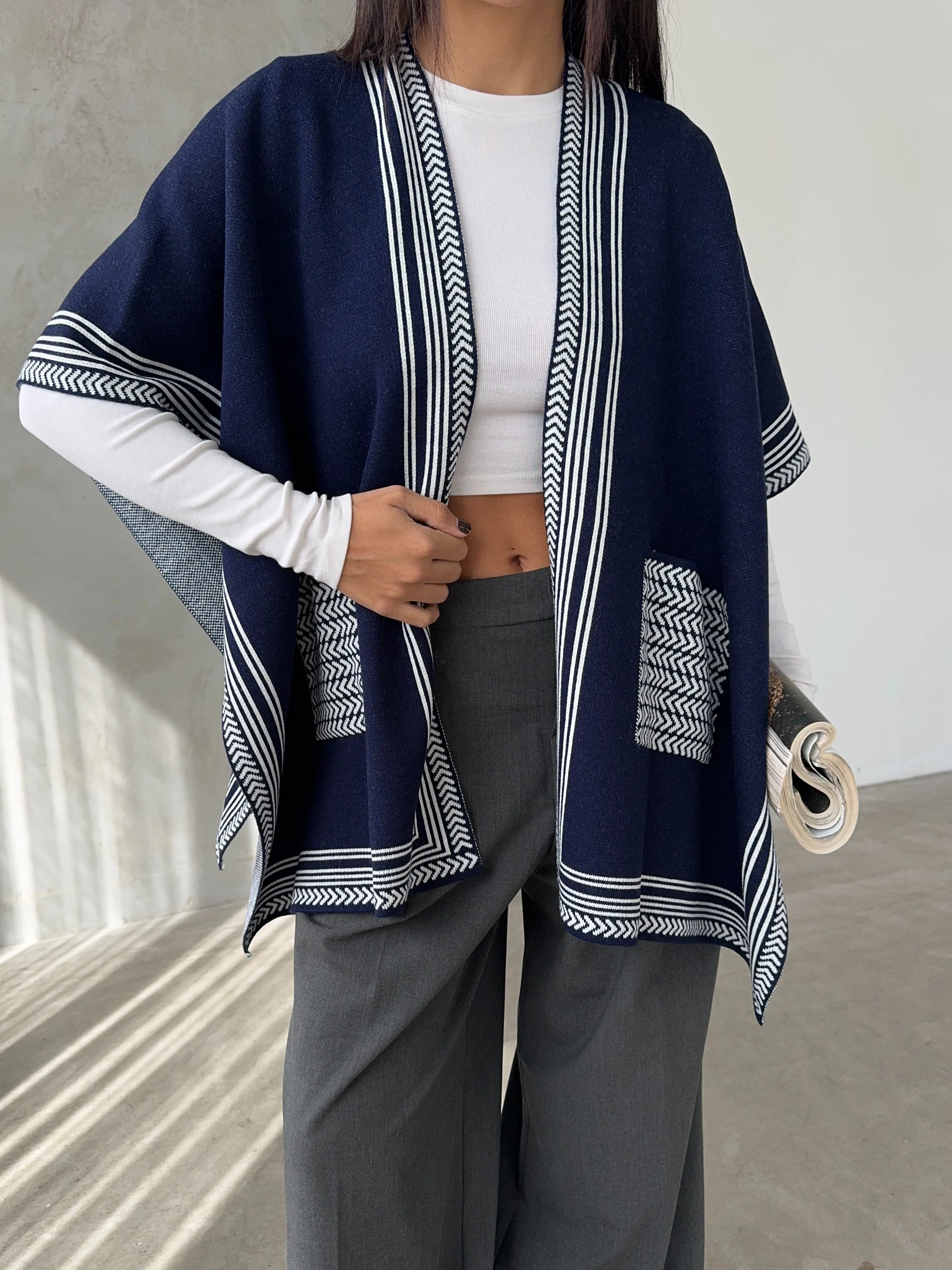 Knitted Cardigan/Poncho with Stripe Edge – Navy