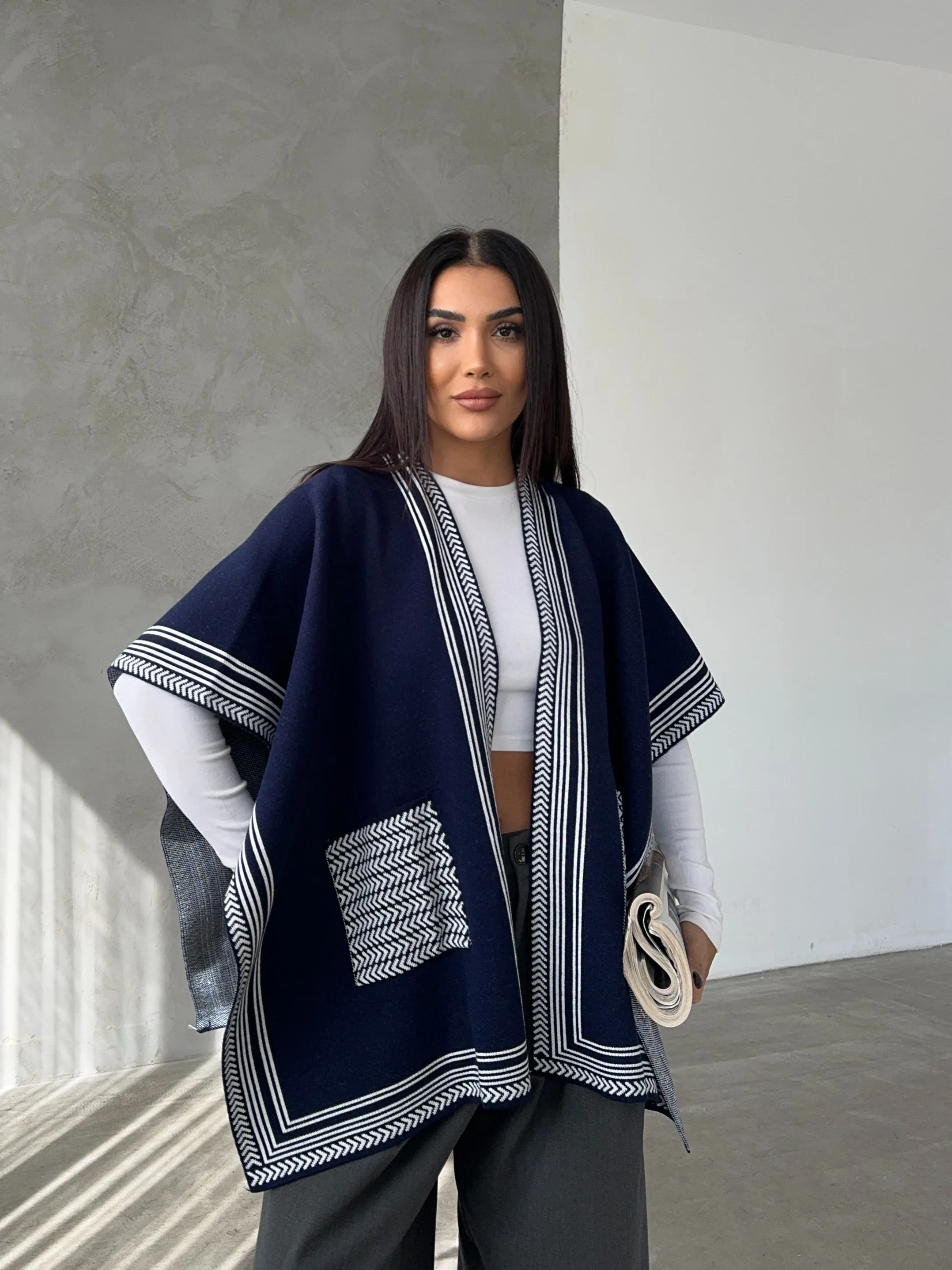 Knitted Cardigan/Poncho with Stripe Edge – Navy