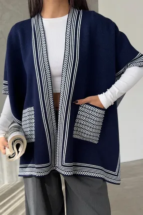 Knitted Cardigan/Poncho with Stripe Edge – Navy