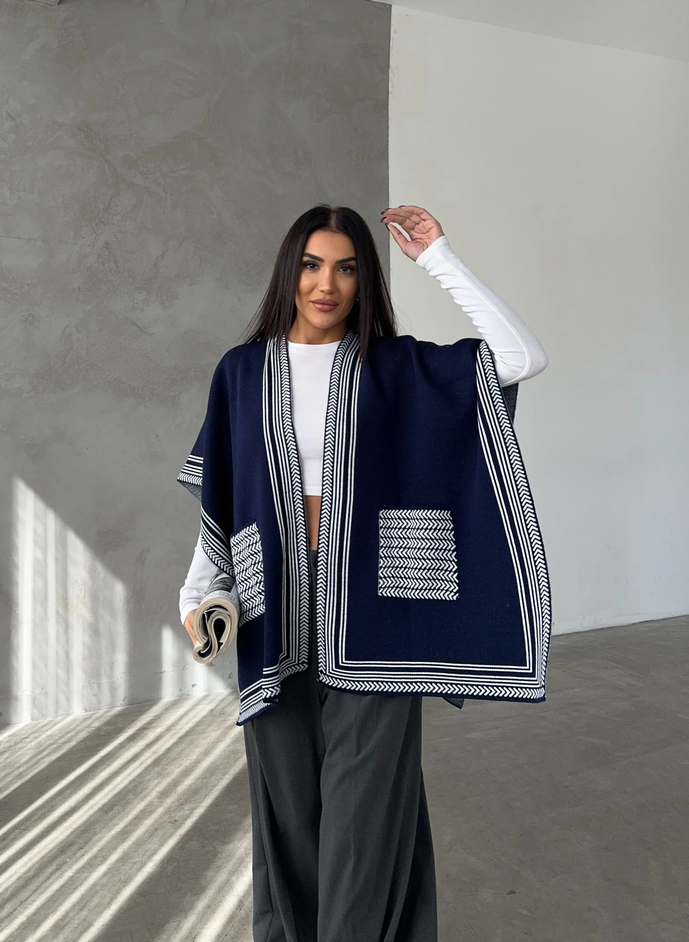 Knitted Cardigan/Poncho with Stripe Edge – Navy