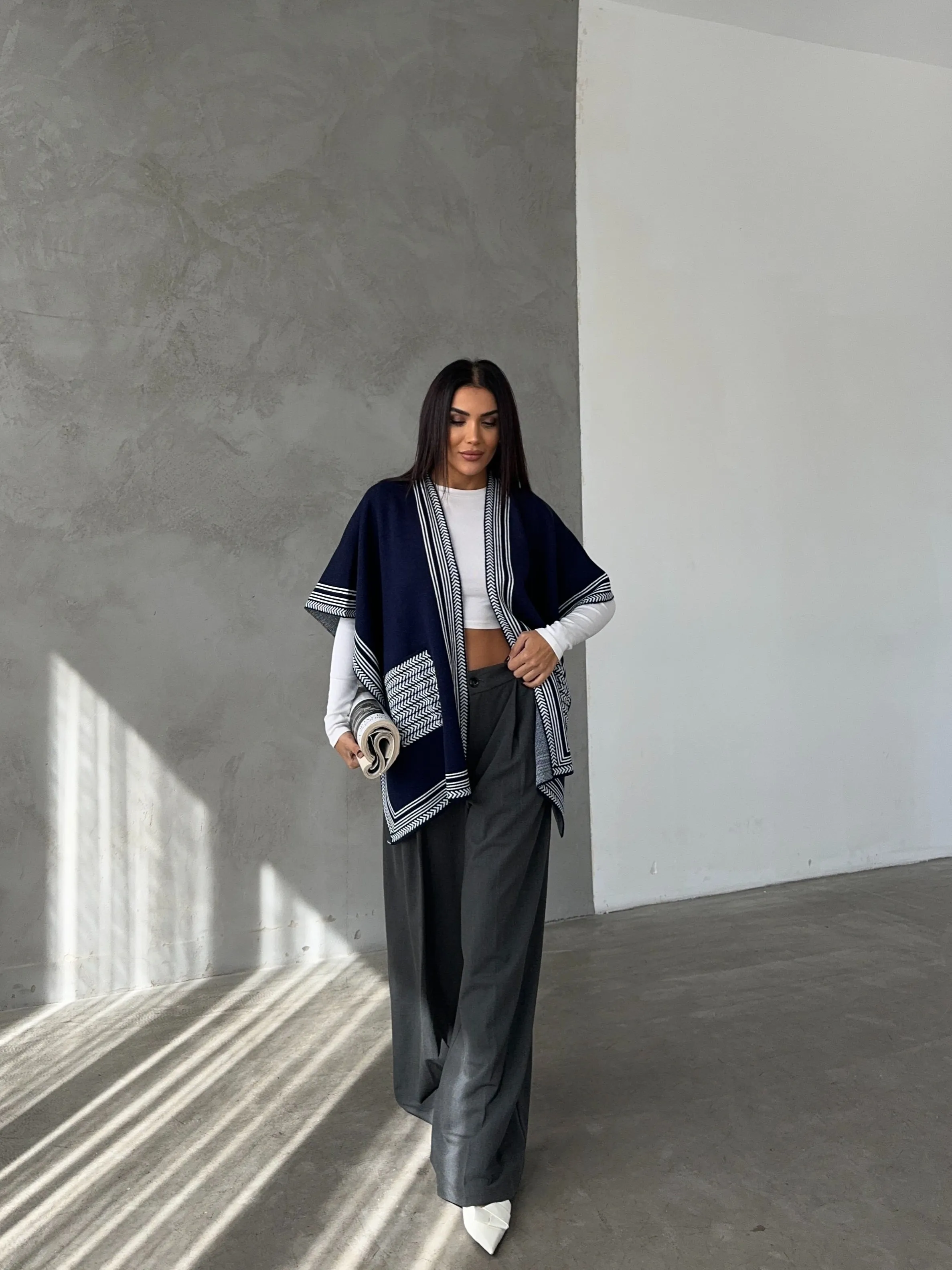Knitted Cardigan/Poncho with Stripe Edge – Navy