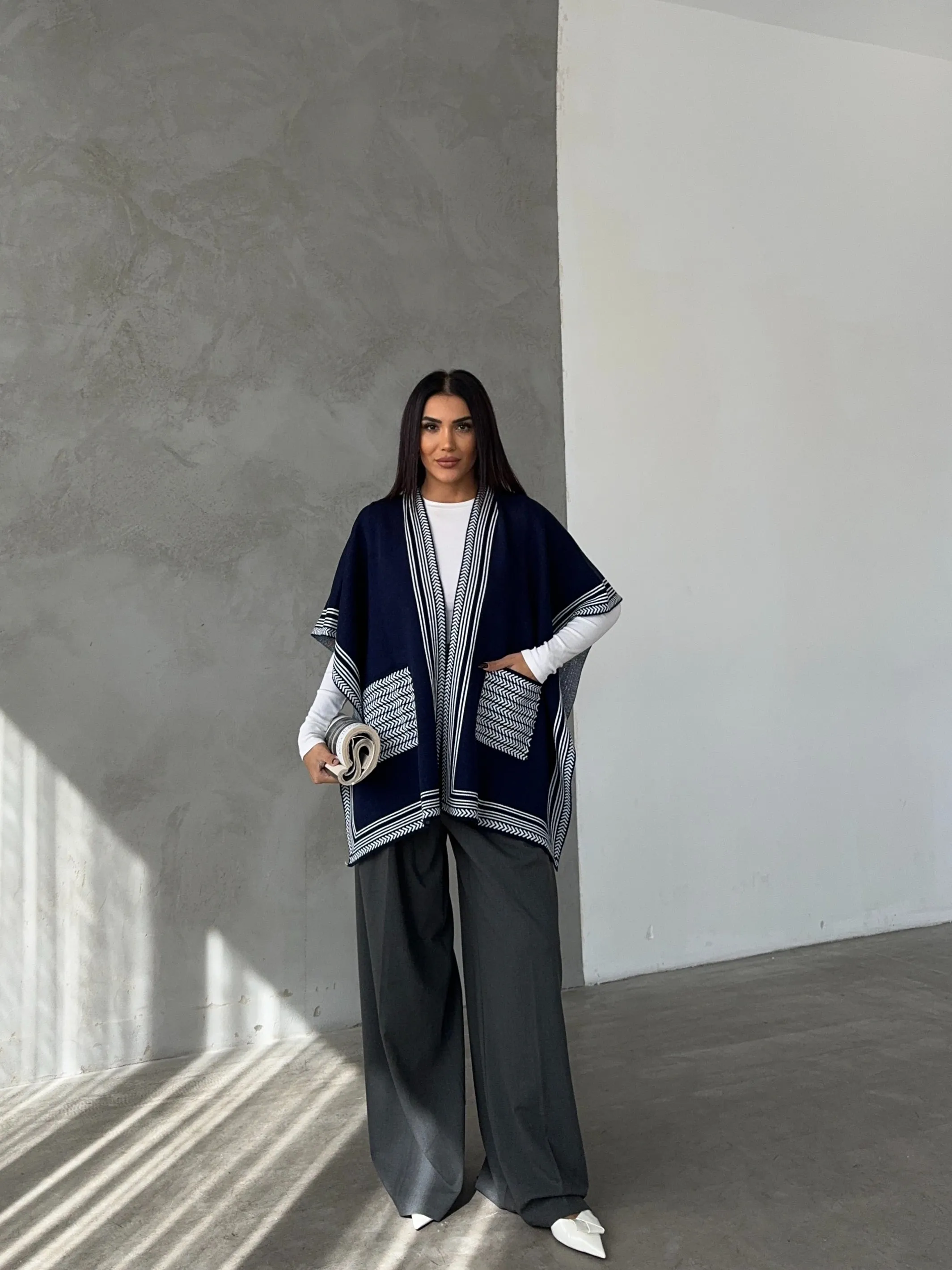 Knitted Cardigan/Poncho with Stripe Edge – Navy