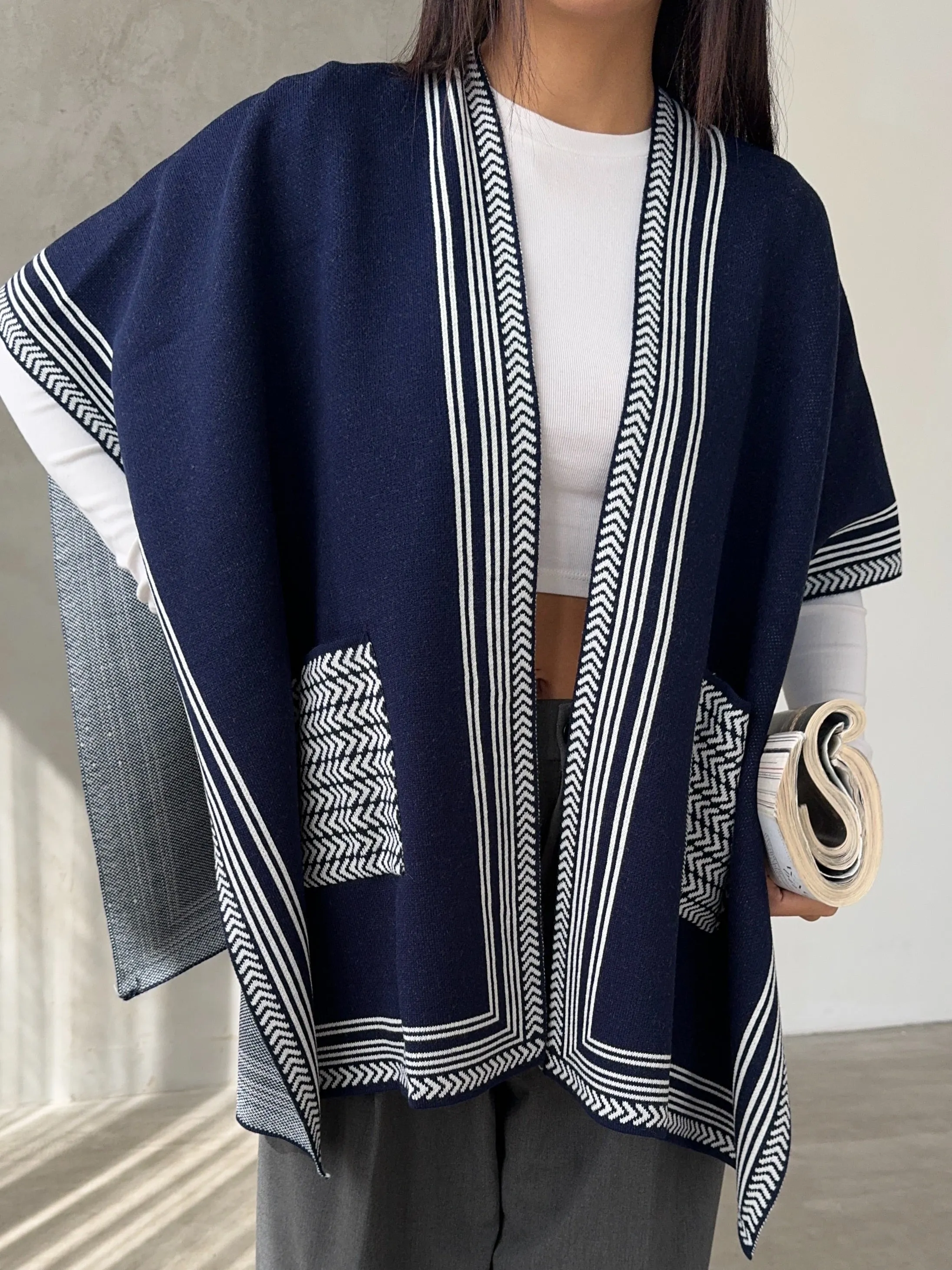 Knitted Cardigan/Poncho with Stripe Edge – Navy