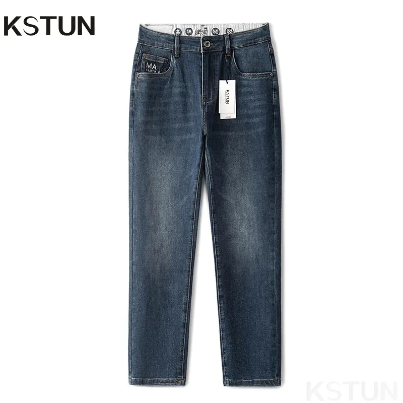 KSTUN Stretch Jeans Men Blue Slim Straight Regular Fit Casual Denim Pants Male Trousers Men's Clothing Fashion Pockets Jean Man
