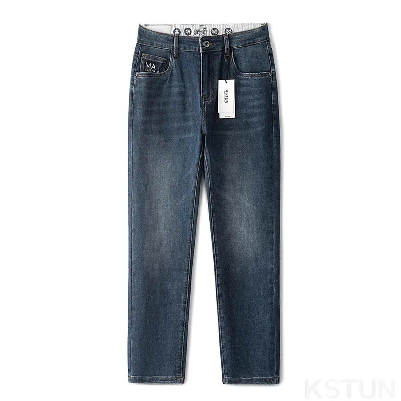 KSTUN Stretch Jeans Men Blue Slim Straight Regular Fit Casual Denim Pants Male Trousers Men's Clothing Fashion Pockets Jean Man