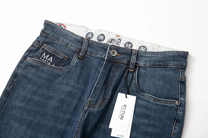 KSTUN Stretch Jeans Men Blue Slim Straight Regular Fit Casual Denim Pants Male Trousers Men's Clothing Fashion Pockets Jean Man