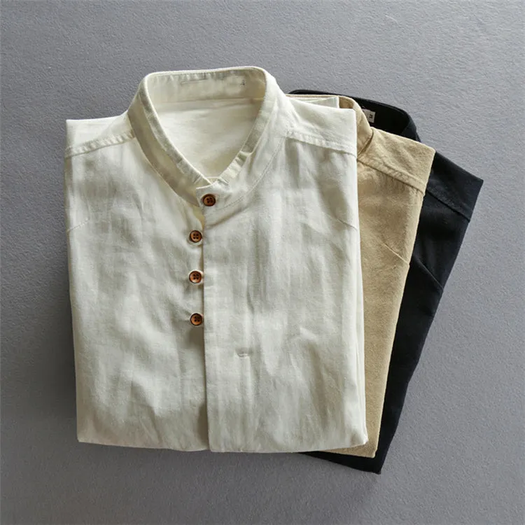Linen Long Sleeve Casual Stand Collar Shirt