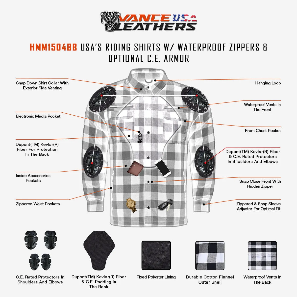 Mens Armored Motorcycle Flannel Shirt, Multiple Waterproof Storage Pockets CE Approved Armor Reinforced by Kevlar by Dupont Water Resistant