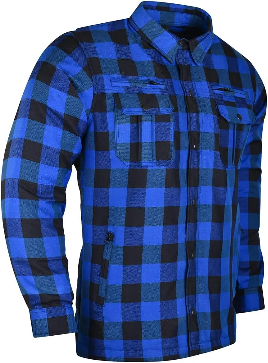 Mens Armored Motorcycle Flannel Shirt, Multiple Waterproof Storage Pockets CE Approved Armor Reinforced by Kevlar by Dupont Water Resistant