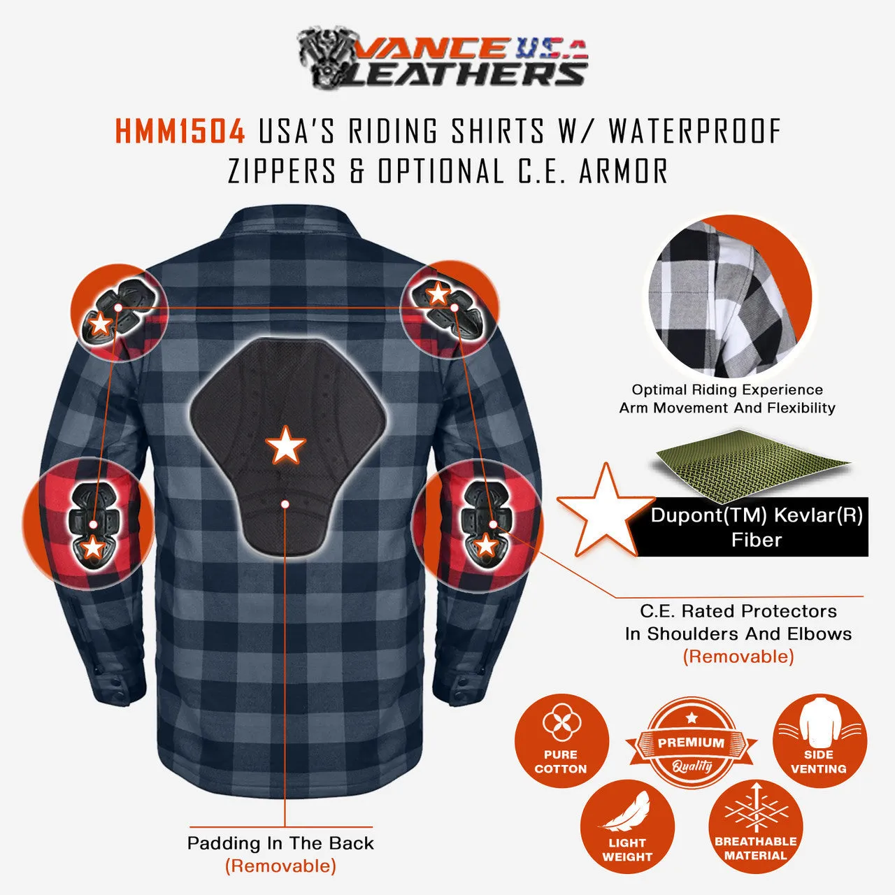 Mens Armored Motorcycle Flannel Shirt, Multiple Waterproof Storage Pockets CE Approved Armor Reinforced by Kevlar by Dupont Water Resistant