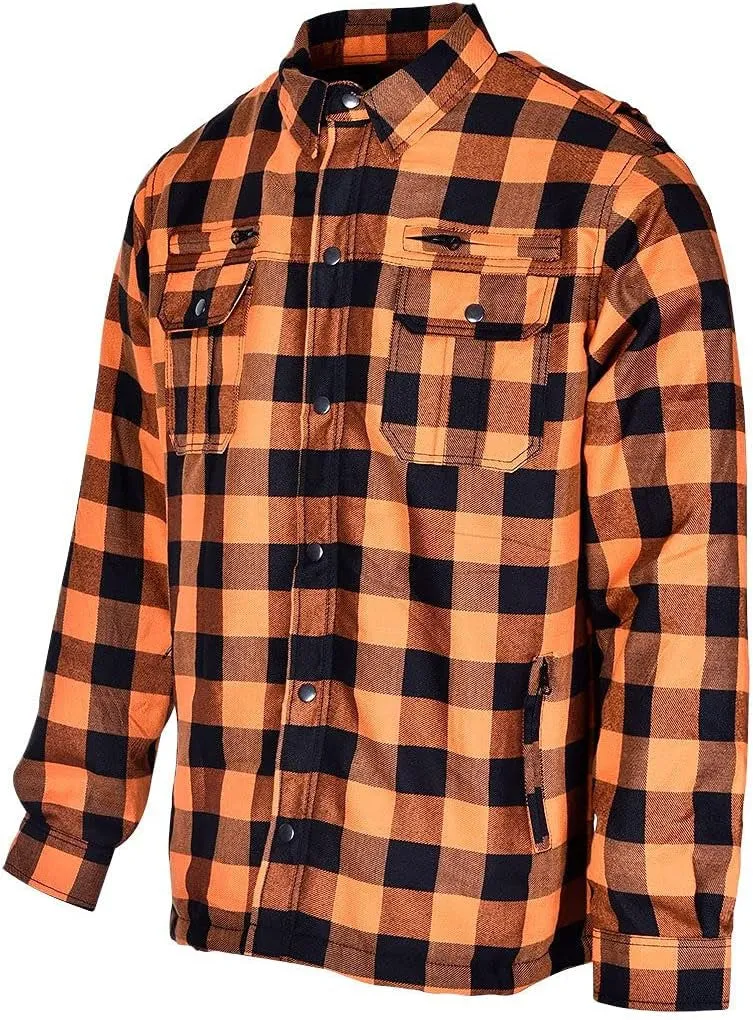 Mens Armored Motorcycle Flannel Shirt, Multiple Waterproof Storage Pockets CE Approved Armor Reinforced by Kevlar by Dupont Water Resistant