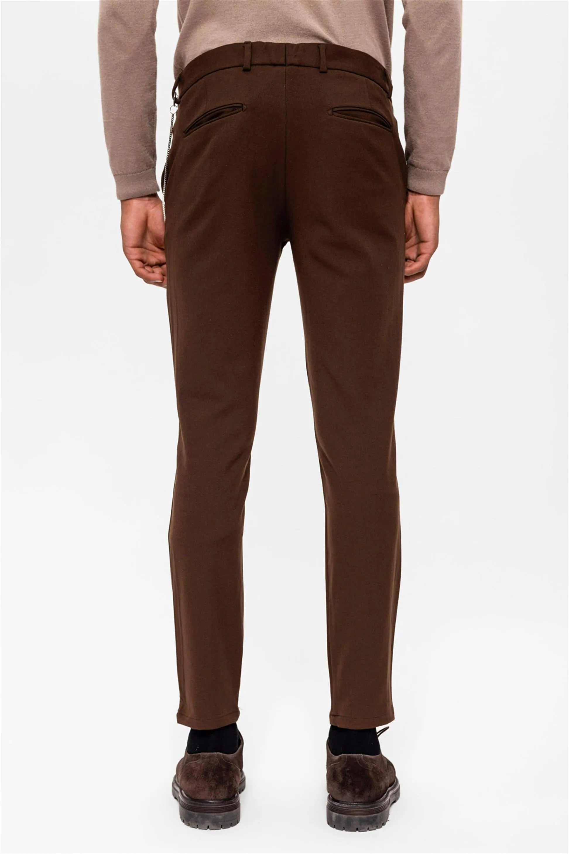 Men's Dark Brown Slim Fit Straight Accessory Fabric Trousers - Wessi