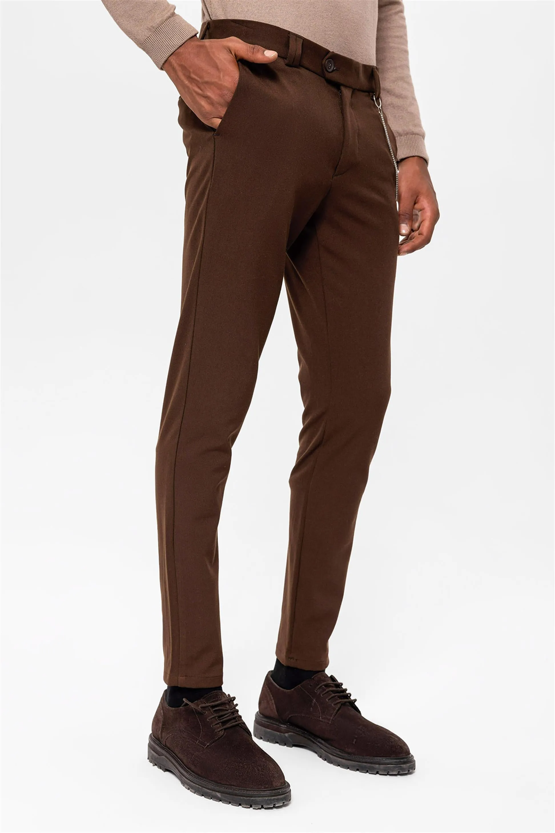 Men's Dark Brown Slim Fit Straight Accessory Fabric Trousers - Wessi